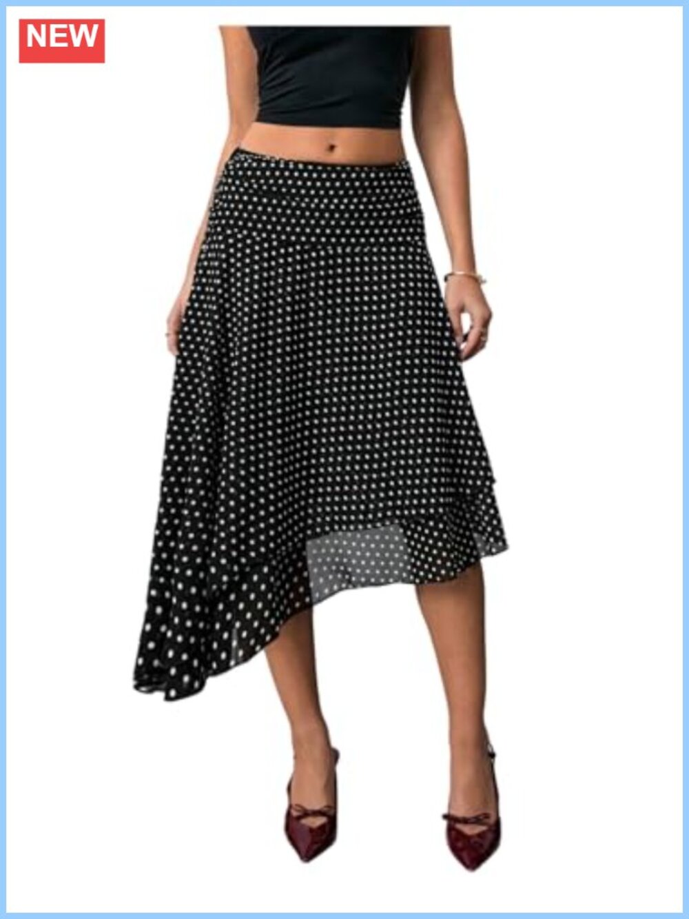 Chiffon Polka Dots Midi Skirt Asymmetrical Tiered Swing Skirt